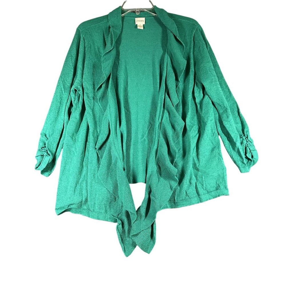 Chicos Cardigan Womens 3 US XL Green Open Front Waterfall Lightweight Sweater